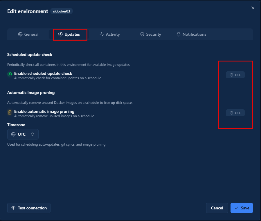 Viewing the update settings for a docker environment added to dockhand