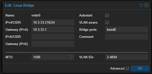 Vmbr0 on my proxmox ve host in a home lab proxmox cluster
