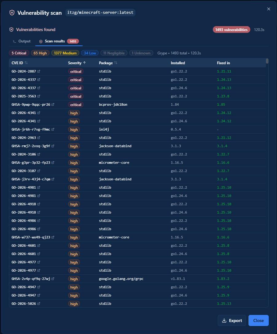 Vulnerabilities found in a container image running in the home lab