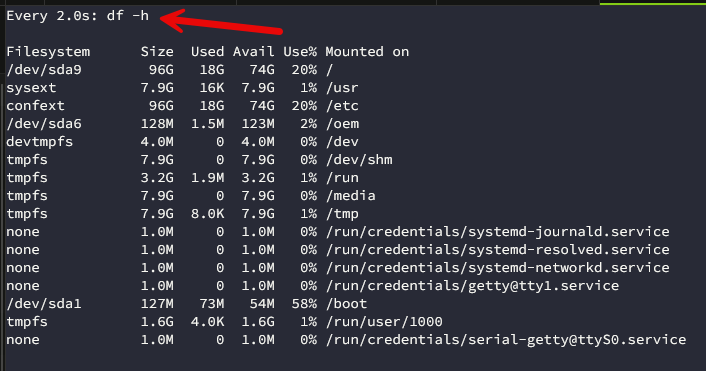 Watch command getting disk space every 2 seconds