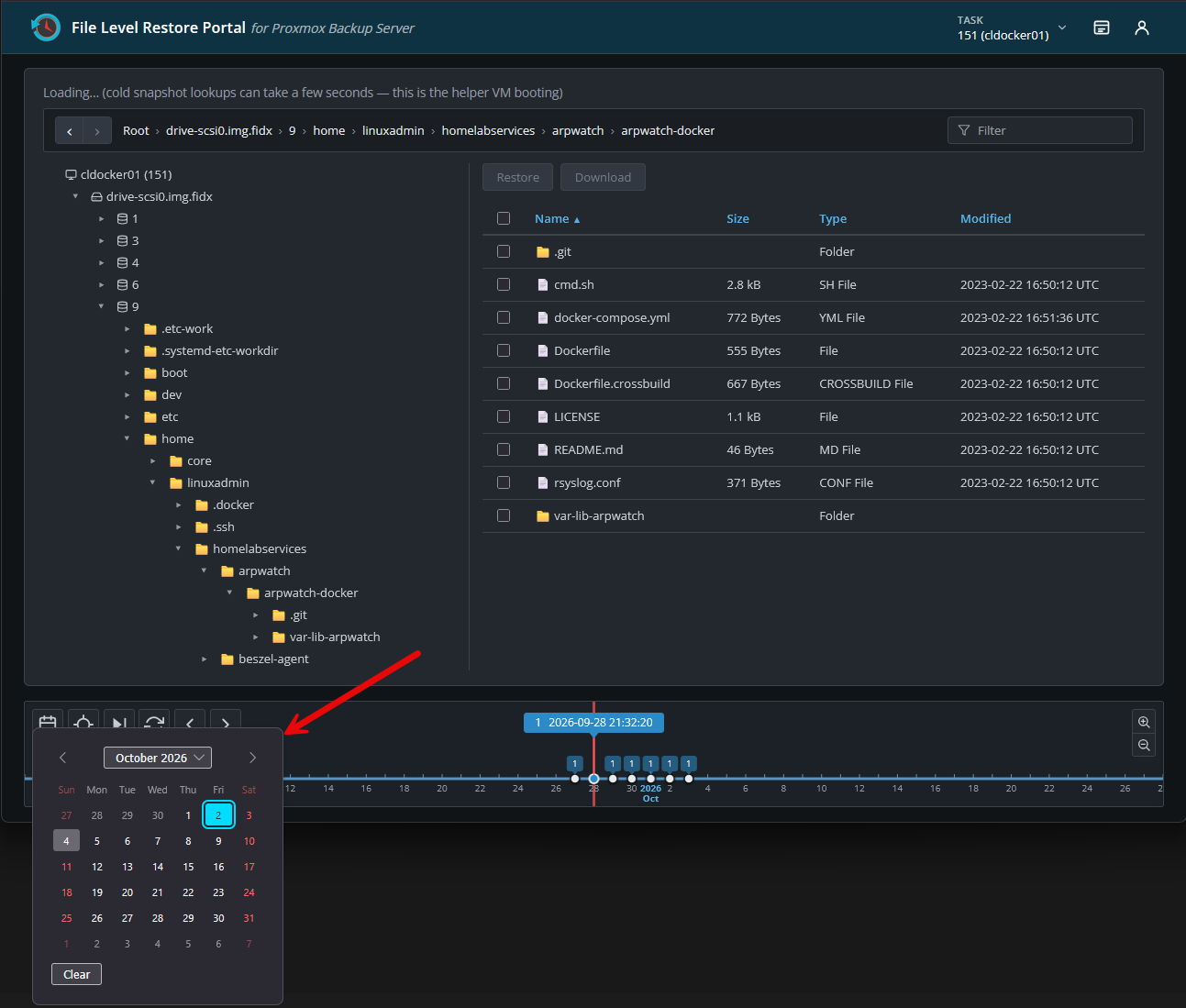 Choosing a backup from the calendar view in pve flr portal
