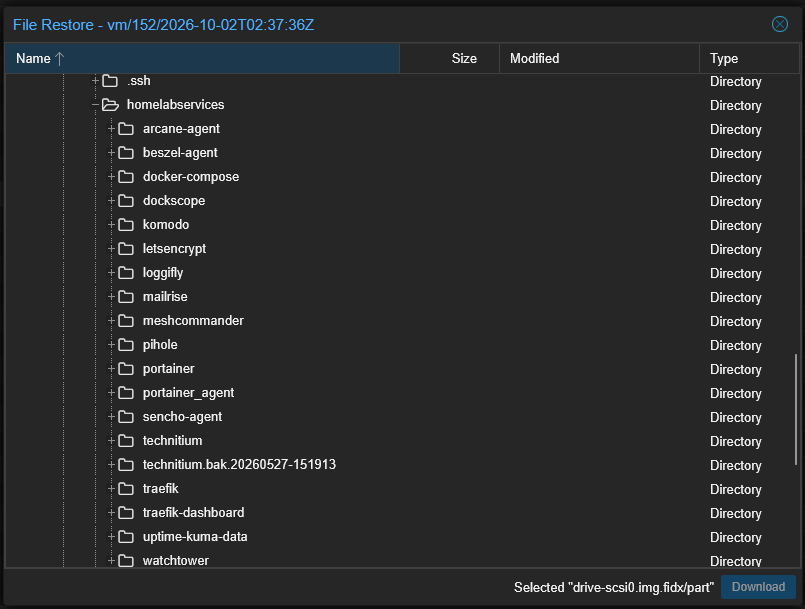 Classic file restore wizard in proxmox ve server