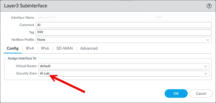 Creating a new layer 3 subinterface on the firewall for the ai lab