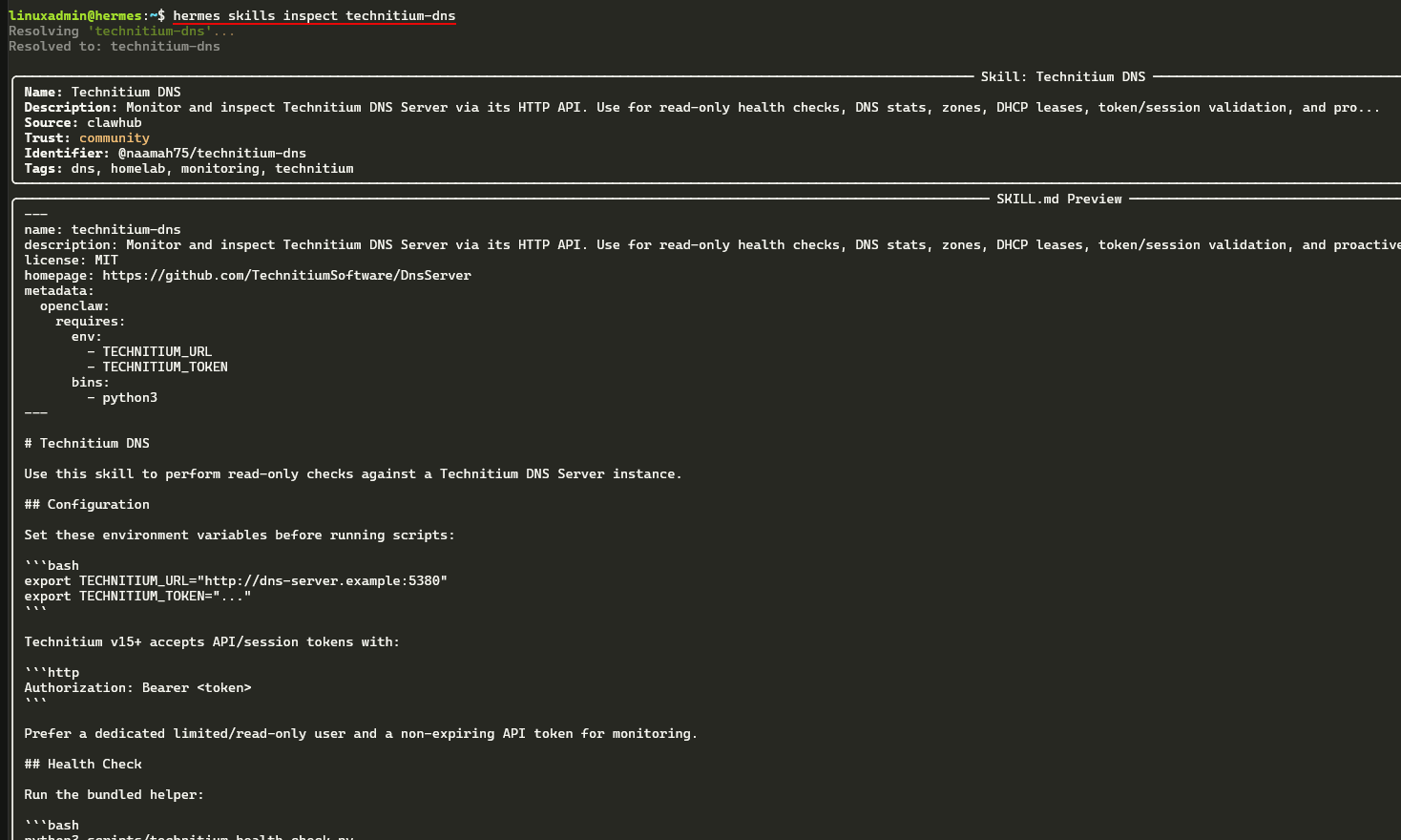 Inspecting a hermes agent skill from the command line