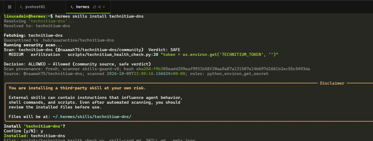 Installing a skill using the hermes skills command line