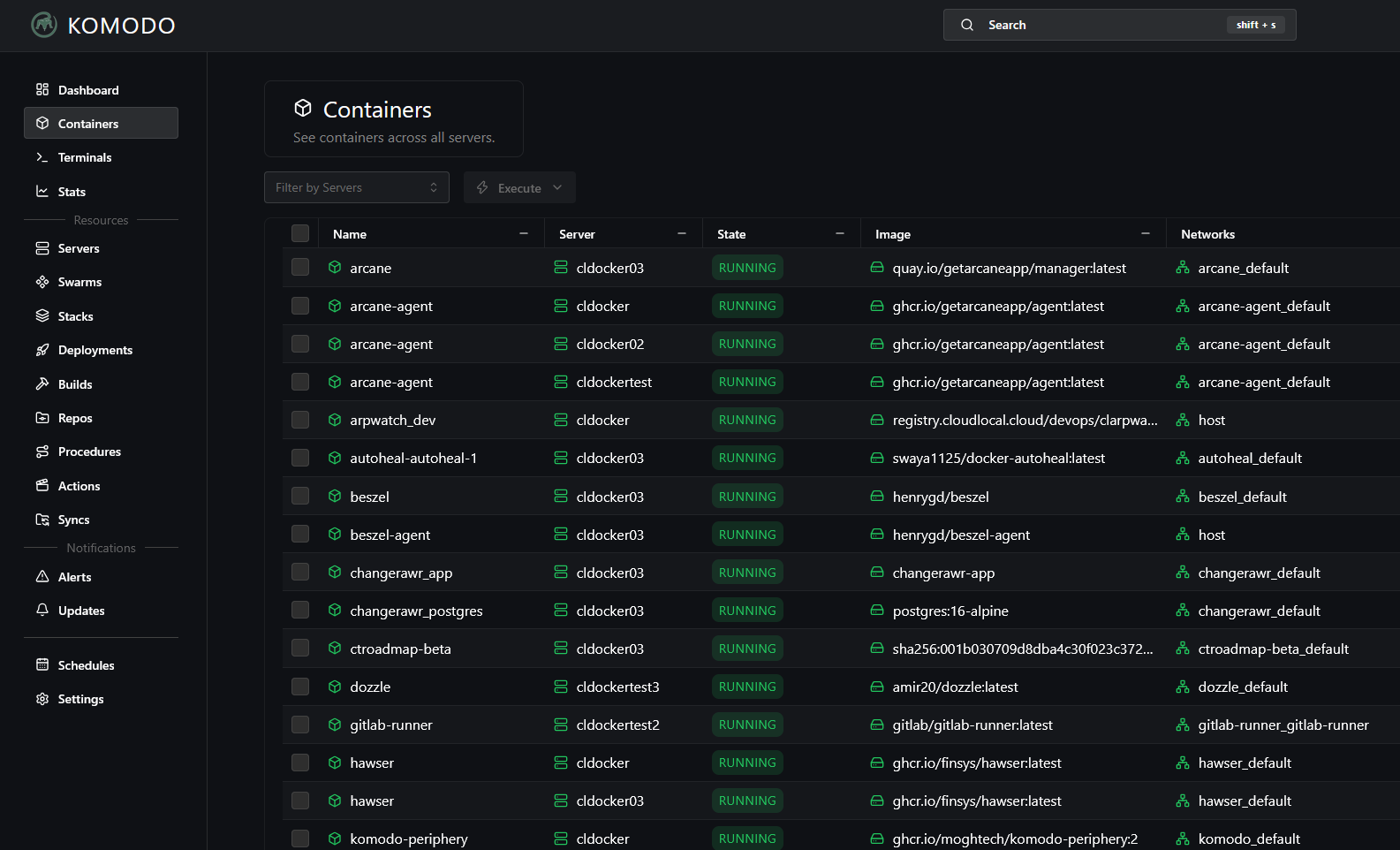 Komodo showing multiple docker containers running in the home lab