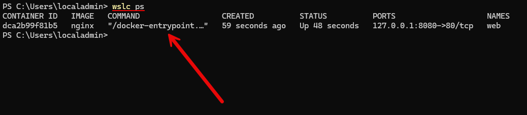 Listing the running containers using the new wslc ps command
