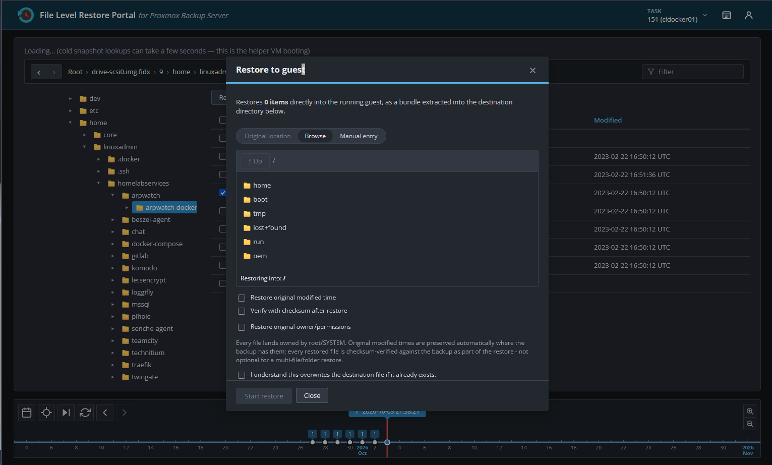 Restore to guest dialog and workflow in the pve flr portal tool