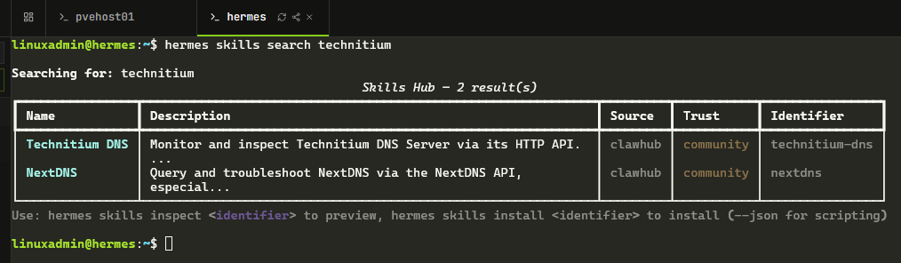 Searching for hermes agent skills from the command line