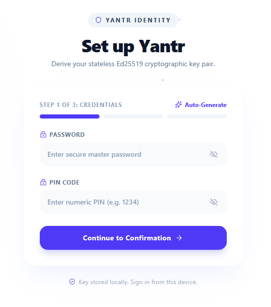 Setup screen for your password and pin