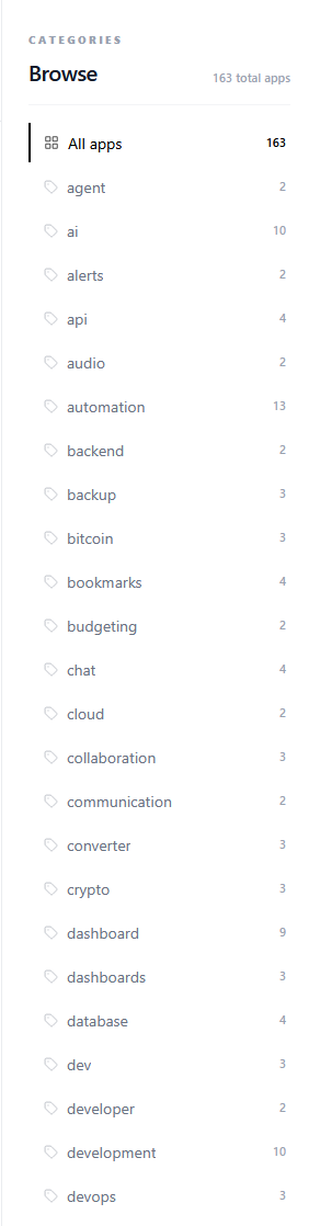 Total number of apps and categories of apps in yantr