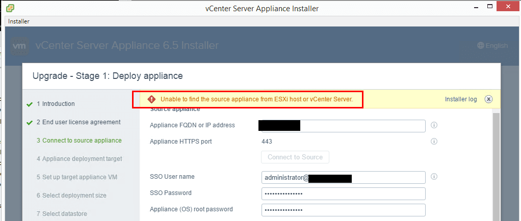 VMware-VCSA-6.5-upgrade-unable-to-find-source-appliance-error