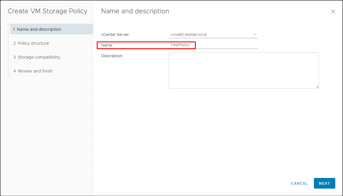 Choose-Name-and-Description-for-New-VM-Storage-Policy Using VMware VM Storage Policies