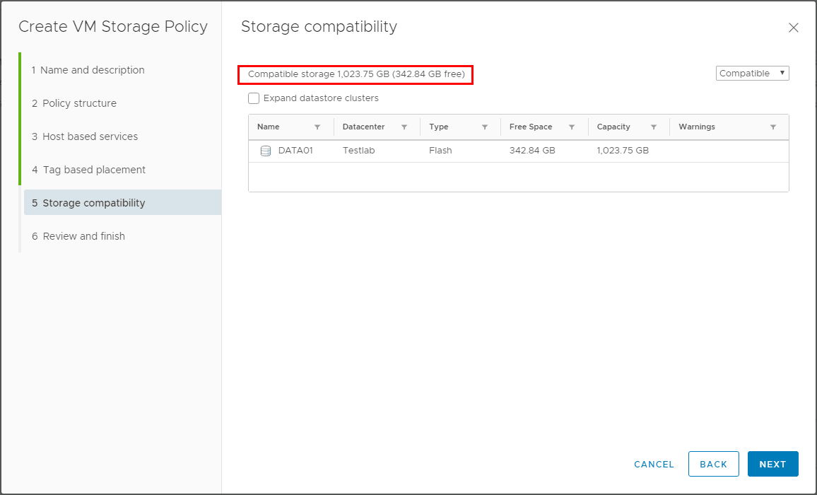 Storage-compatiblity-is-shown Using VMware VM Storage Policies