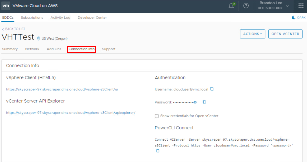 Viewing-VMware-Cloud-on-AWS-Connection-information
