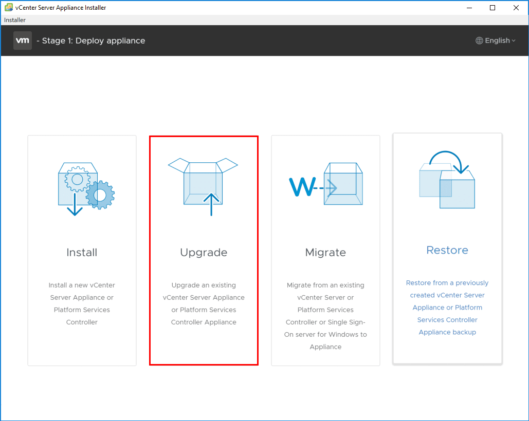 Launching-the-installer-utility-and-choosing-the-Upgrade-option-for-vCenter-Server