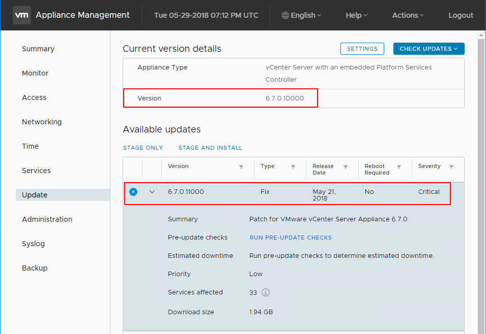 The-latest-VCSA-6.7a-patch-is-shown-as-available