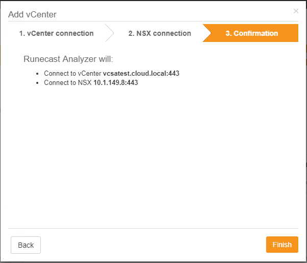 Confirming-the-addition-of-the-vCenter-and-NSX-connection-to-Runecast-Analyzer