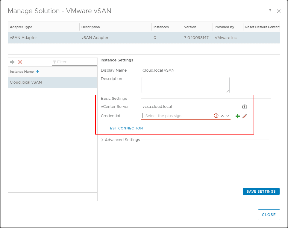 Configure-the-basic-settings-for-vSAN-monitoring-including-vCenter-Server-and-Credentials-in-vROps-7.0