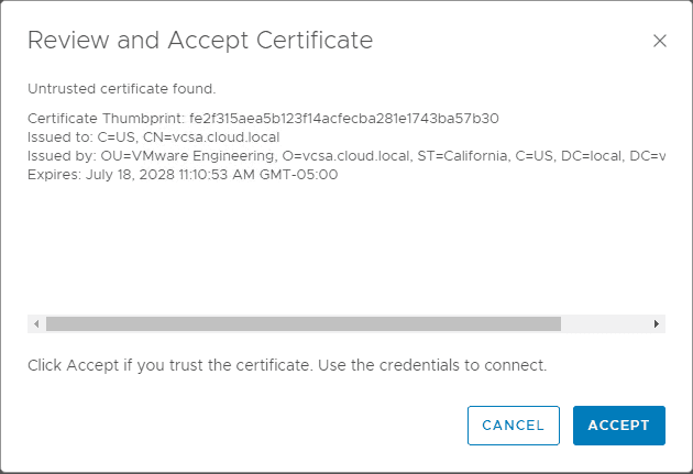 Review-and-accept-the-certificate-presented-in-connecting-to-vCenter-Server