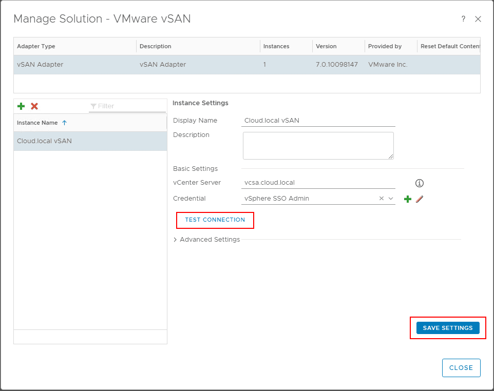 Testing-or-saving-the-configuration-for-the-vSAN-adapter-instance-in-vRealize-Operations-7.0