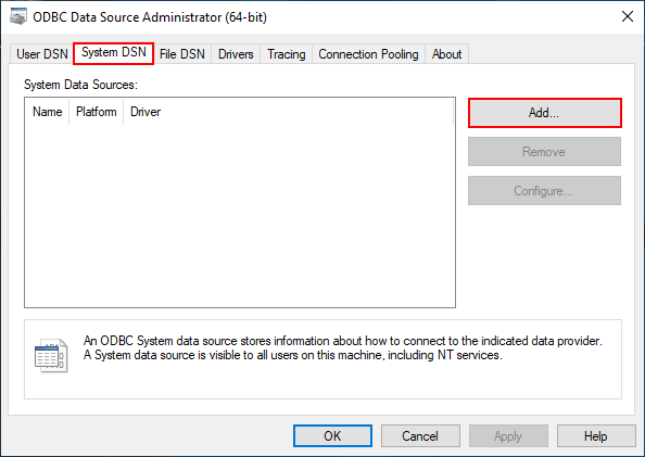 Add-a-new-system-DSN-value-in-the-64-bit-ODBC-administrator