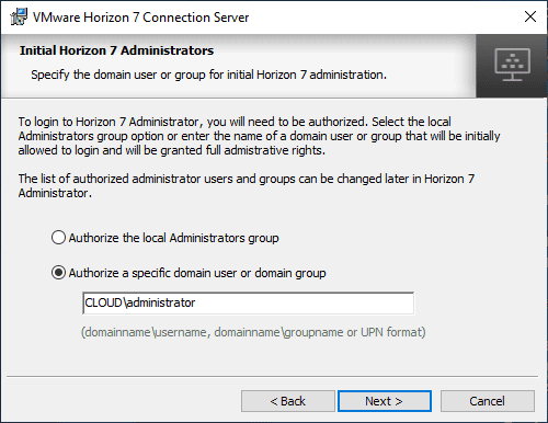 Configuring-the-Initial-Horizon-Administrators-during-the-VMware-Horizon-7.7-Connection-Server-installation