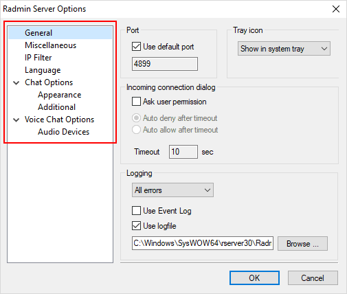 Radmin-server-options-screen-configuration-options