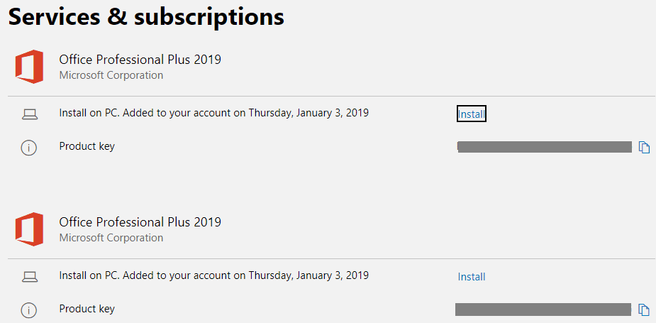 Services-and-Subscriptions-showing-the-product-keys-and-installation-links