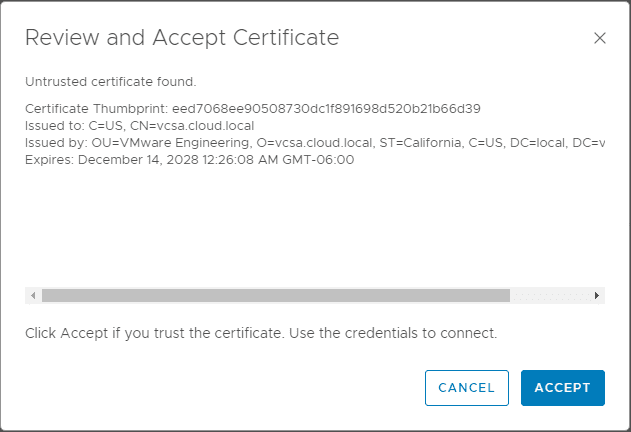 Prompted-to-Review-and-Accept-the-certificate-presented-by-vCenter-Server