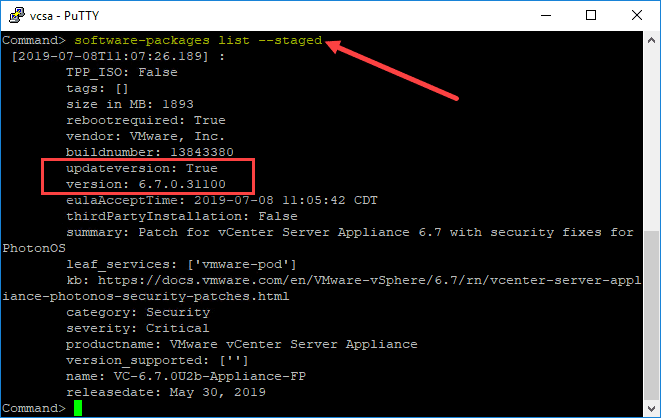 Listing-the-VCSA-patches-that-are-staged-and-the-version-of-VCSA-that-will-be-applied
