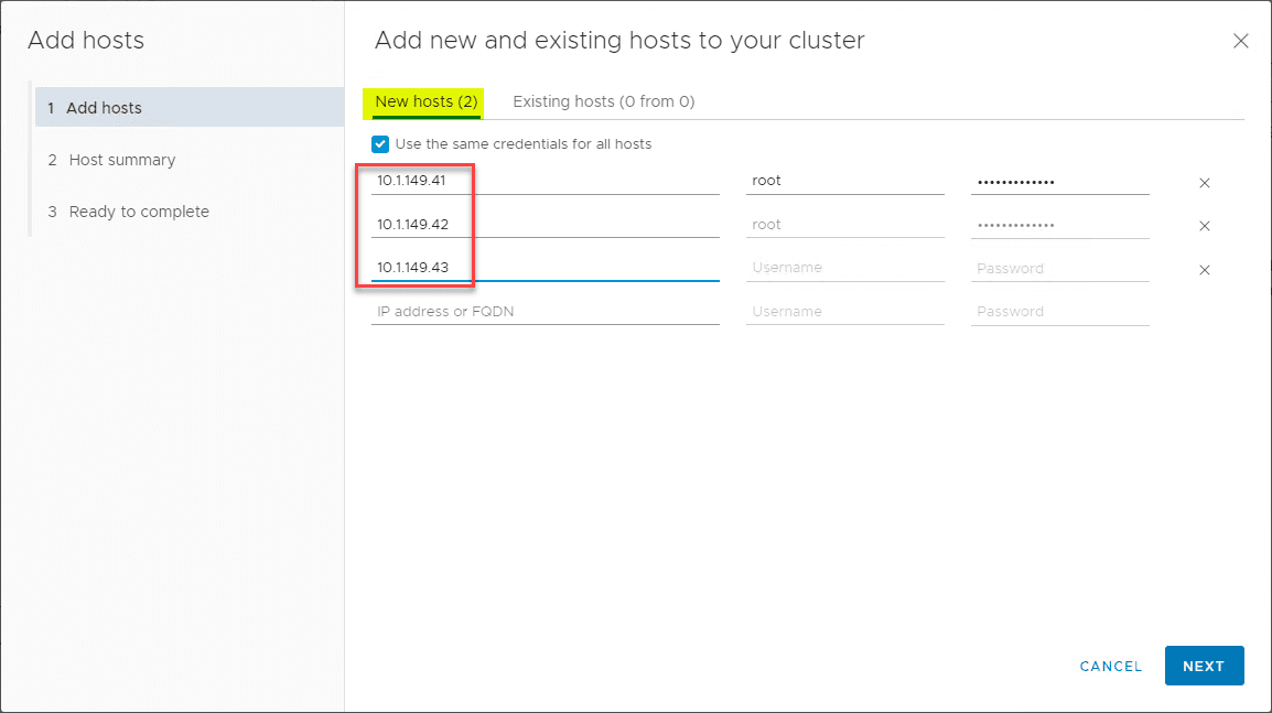 Adding-ESXi-hosts-and-credentials-for-connecting-to-install-VMware-vSAN