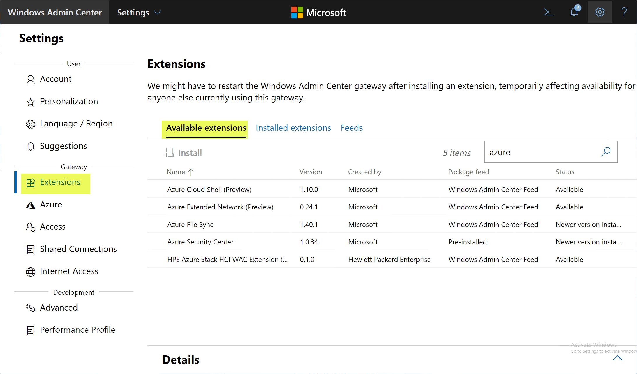 Available-Azure-hybrid-connection-extensions-found-in-Windows-Admin-Center