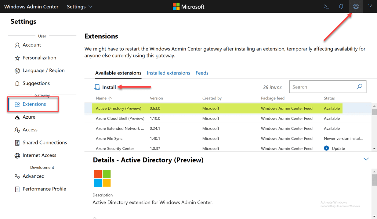 Directory extension. Windows admin Center.