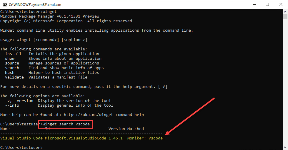 Searching-for-the-VSCode-package-using-the-winget-search-command