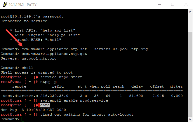 Setting-the-NTP-servers-from-the-command-line-on-the-VCSA-appliance