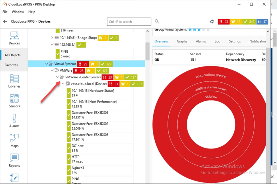 VMware-vCenter-Server-added-to-PRTG-and-sensors-added-for-each-vSphere-object