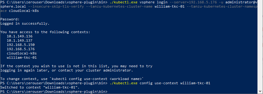 Logging-into-the-TKG-cluster-and-changing-context-to-the-workload-name