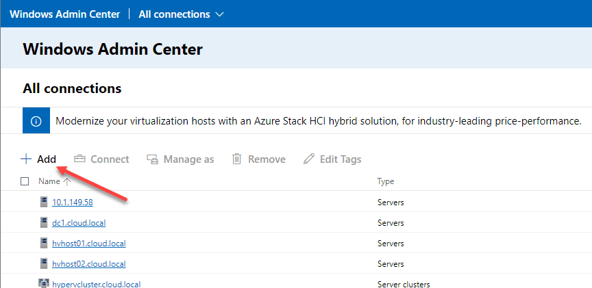 Add a connection to your windows server 2019 core server in windows admin center