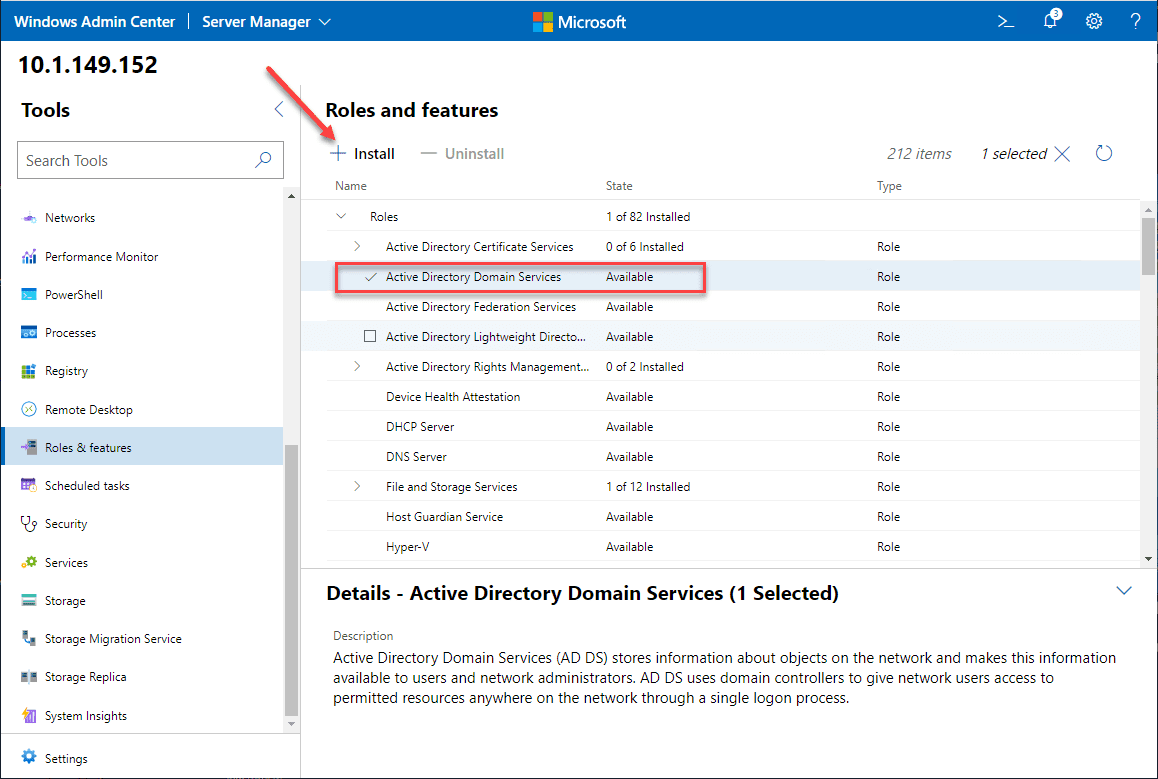 Adding the active directory domain services adds role using windows admin center