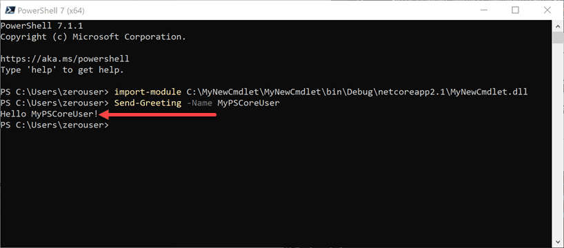 Import module and test the new powershell sample cmdlet