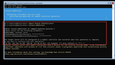 Using powershell to finish out the deployment of the windows server 2019 core domain controller installation