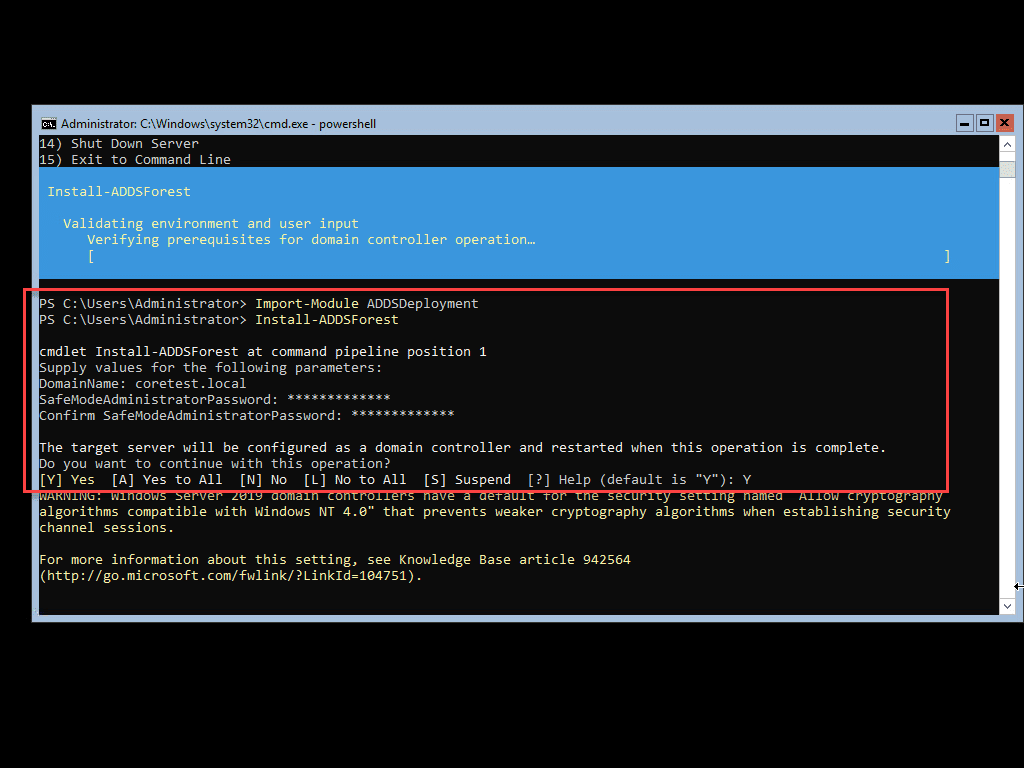 Using powershell to finish out the deployment of the windows server 2019 core domain controller installation