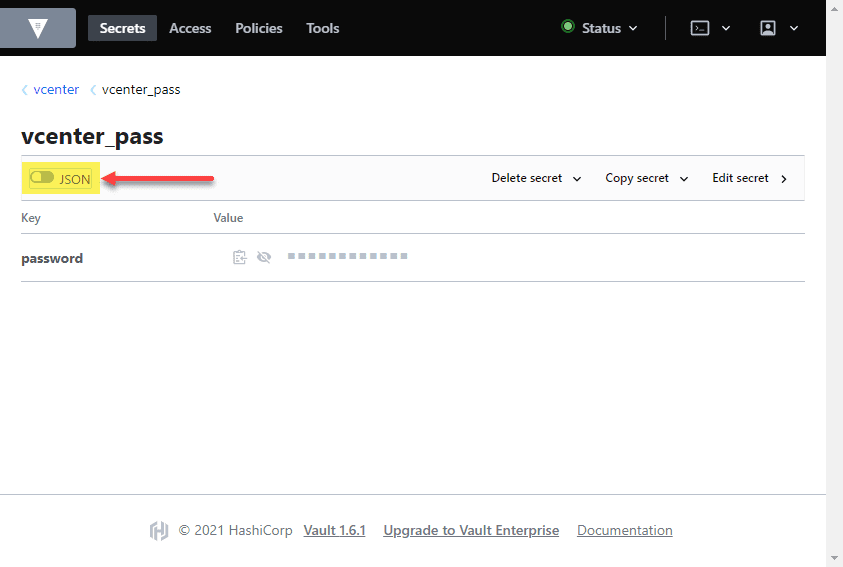 Verifying the new password value in the hashicorp vault ui