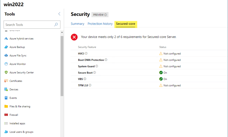 Viewing secured core recommendations in windows admin center preview 2012