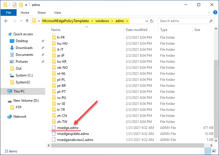 Copy the msedge.admx file from the microsoft edge policy template files