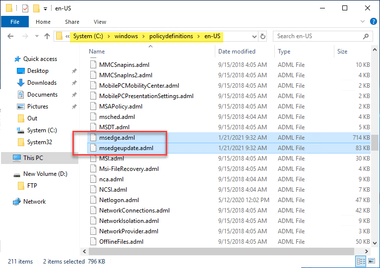 Pasting the msedge.adml and msedgeupdate.adml files to the locale under the local policy definitions folder