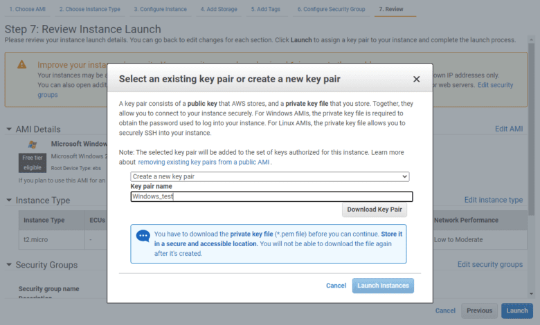 Selecting an existing aws key pair or creating a new one during windows aws ec2 launch