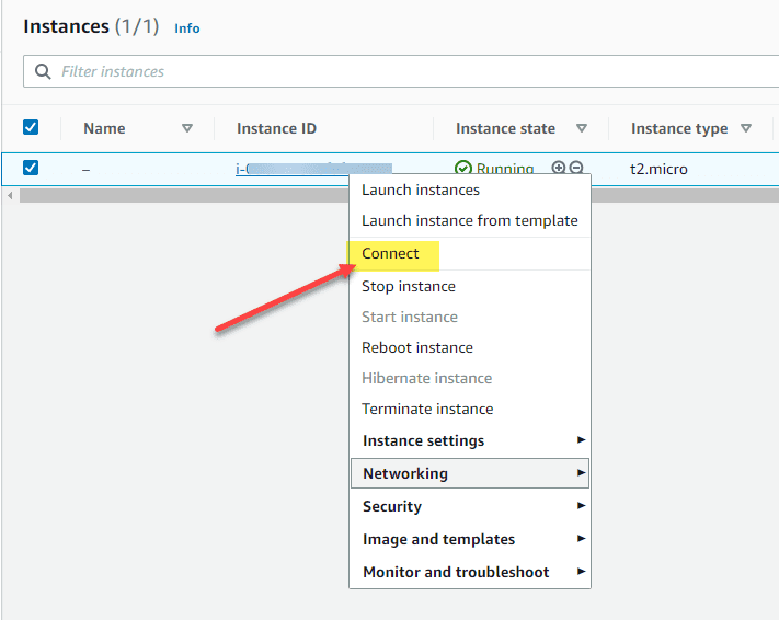 Selecting to connect to the aws ec2 windows instance