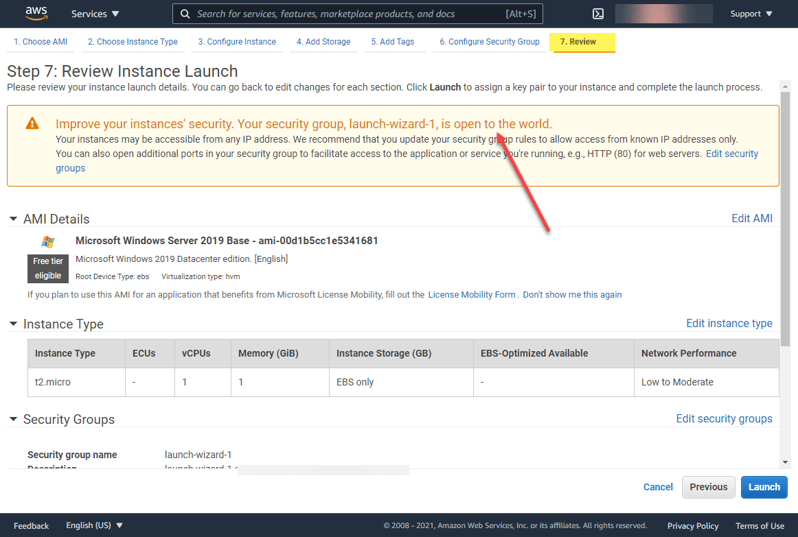 Warning about allowing all external connectivity to your windows aws ec2 instance